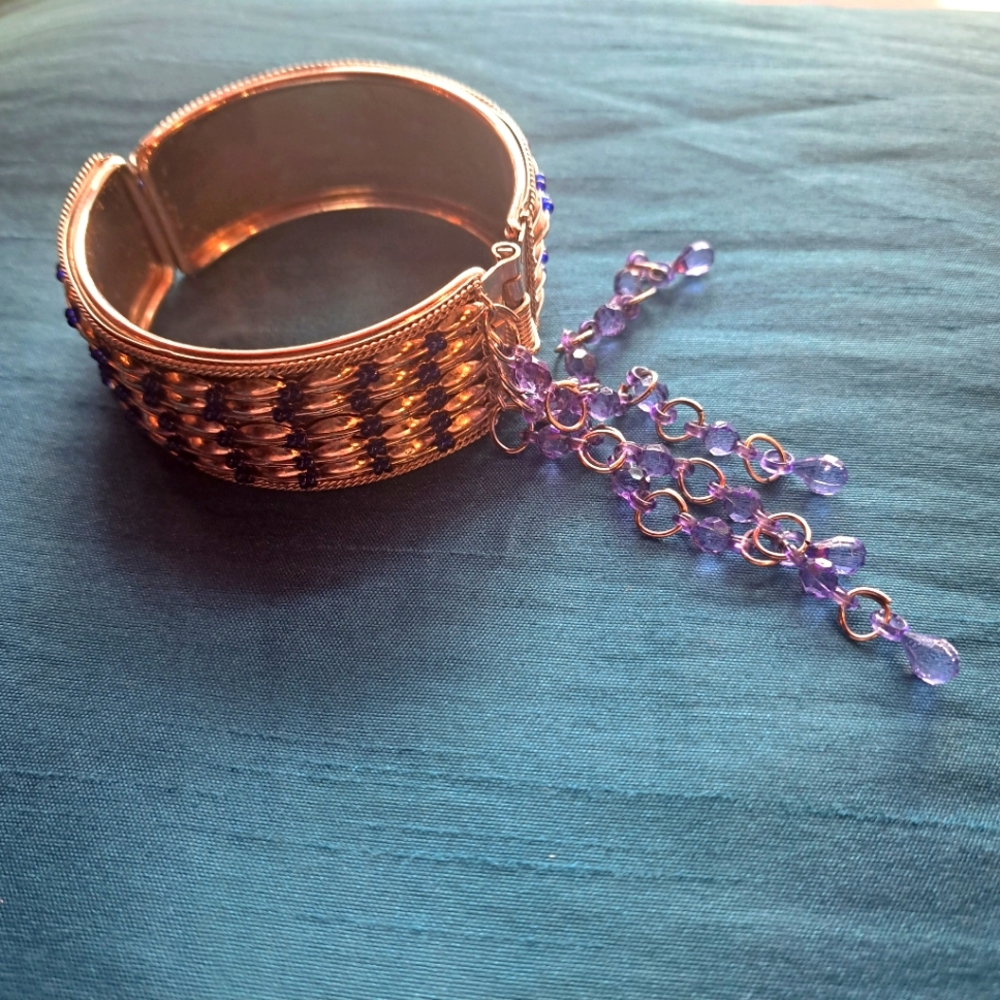Vintage Metal silver plated Hinged Bangle Beaded Ethnic Folk Art Bracelet